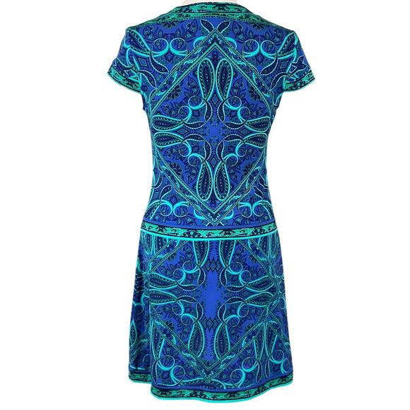 CACHE Dress Stretch Blue Paisley Print sz Small Boho Cruise Vacation Retro 70s - Picture 2 of 10